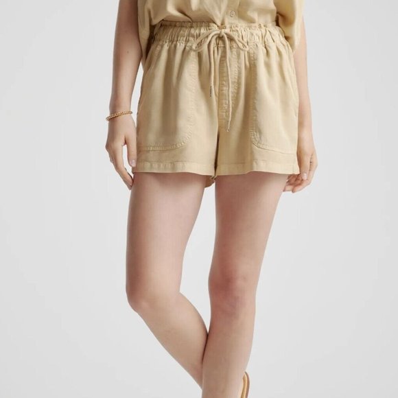 Quince Vintage Wash Tencel Utility Shorts Khaki Beige Elastic Waist Size M - Picture 1 of 8